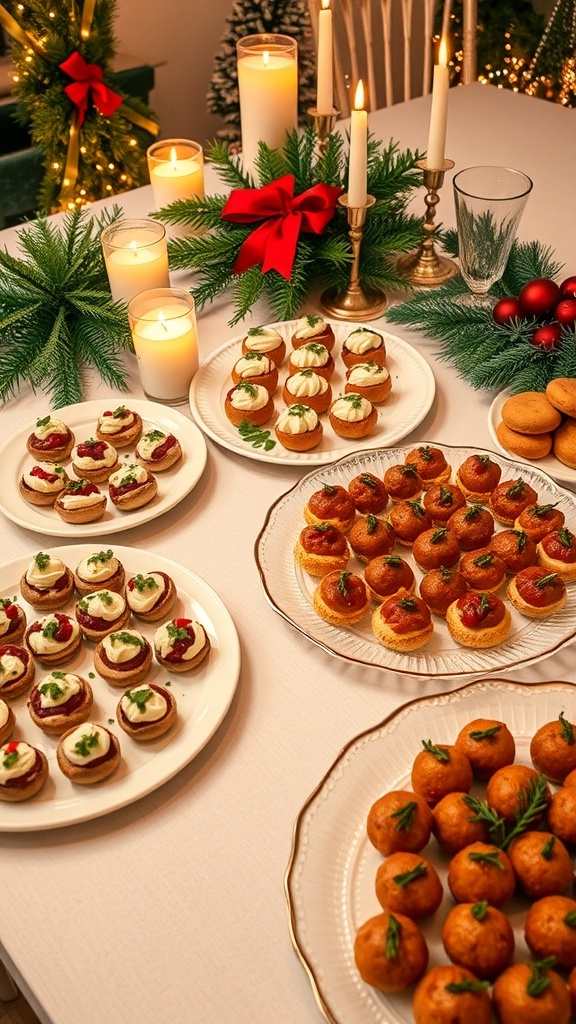 A festive table with assorted Christmas appetizers including stuffed mushrooms, cranberry brie bites, and meatballs, decorated for the holiday.